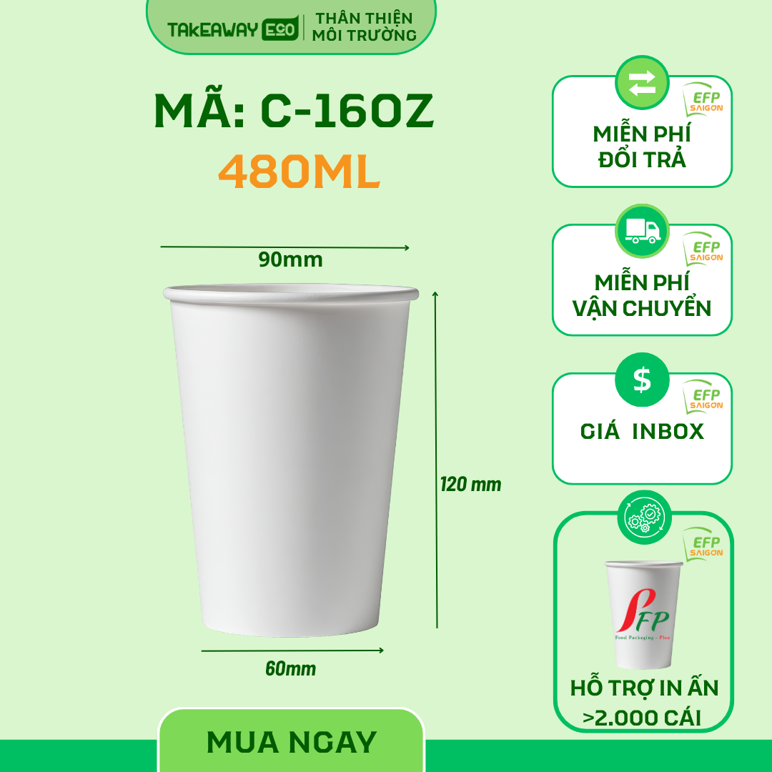 Ly giấy 16oz - 480ml (Ly giấy dùng nóng/lạnh)